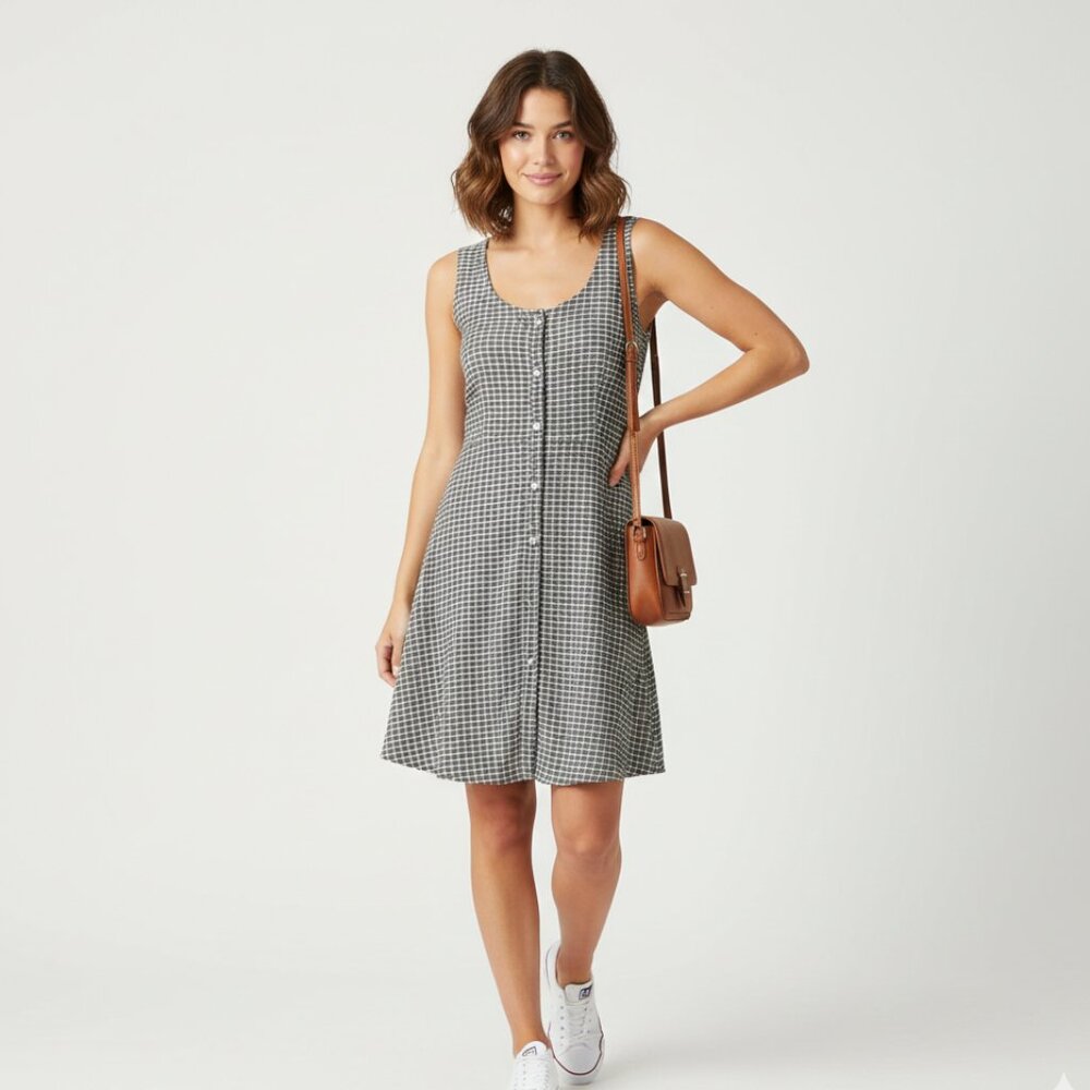 Ginger Women's Black White Fit Flare Plaid Mini Button Pocket Dress Size M